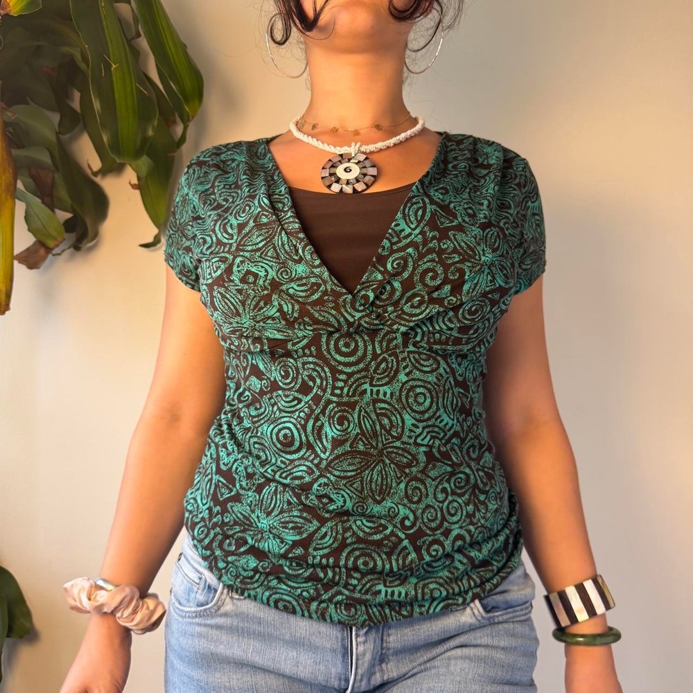 Perception Concept Teal Brown Paisley Babydoll Blouse V-Neck Y2K Boho Large